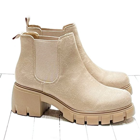 New Wheat Beige Chelsea Elastic Platform Sole Ankle Boots Booties - Picture 2 of 6